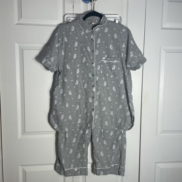 LOFT Other - LOFT Sleep Cotton Blend Pajama Set Women L Gray Owls Short Sleeve Top Long Pants